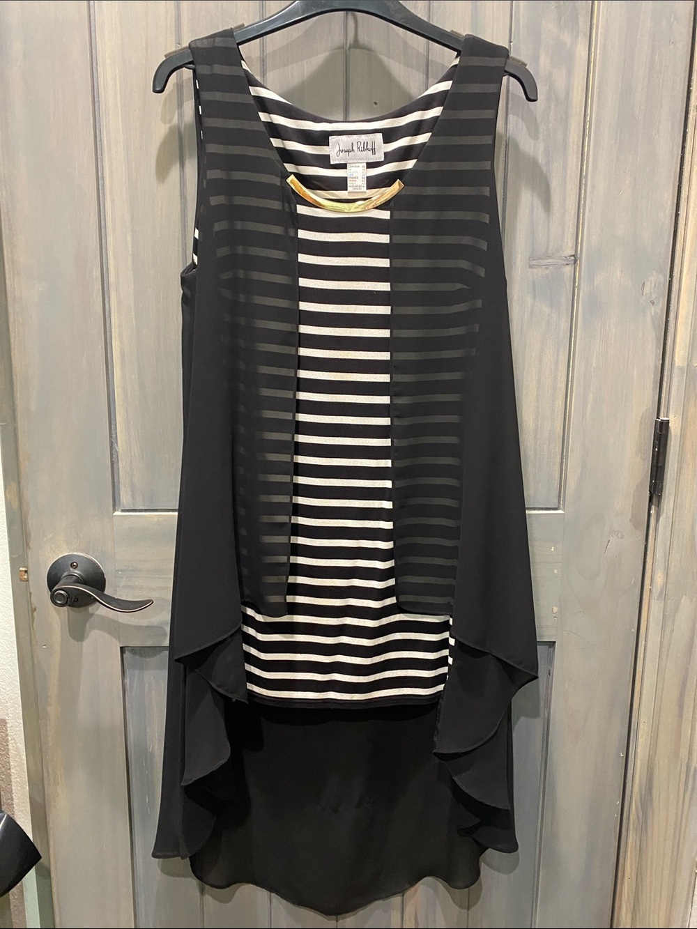 Joseph Ribkoff Black, White & Gold Tiered High-Low Stripe Dress